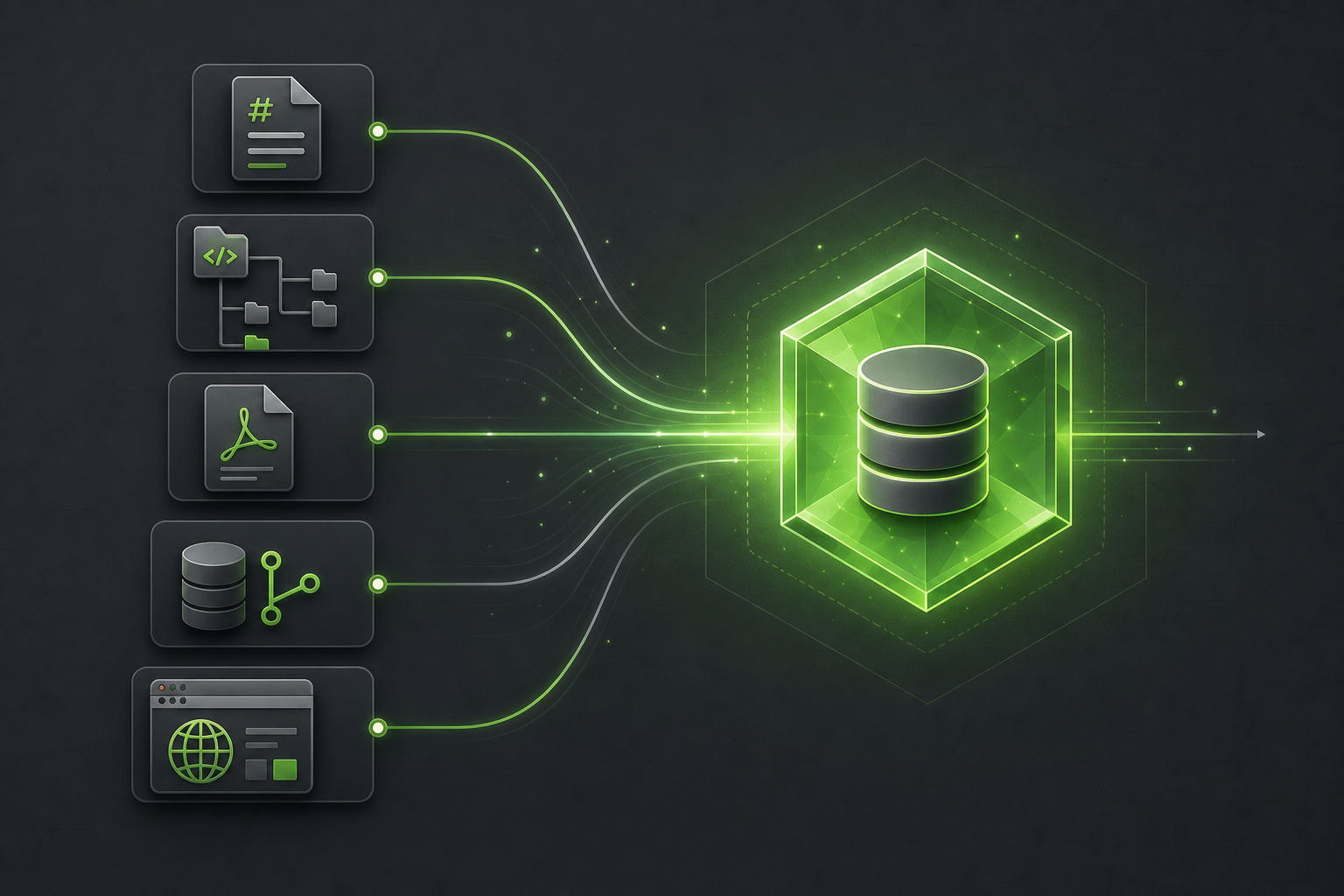 Illustration of docs, code, PDFs, git repos, and sites flowing into a local knowledge store